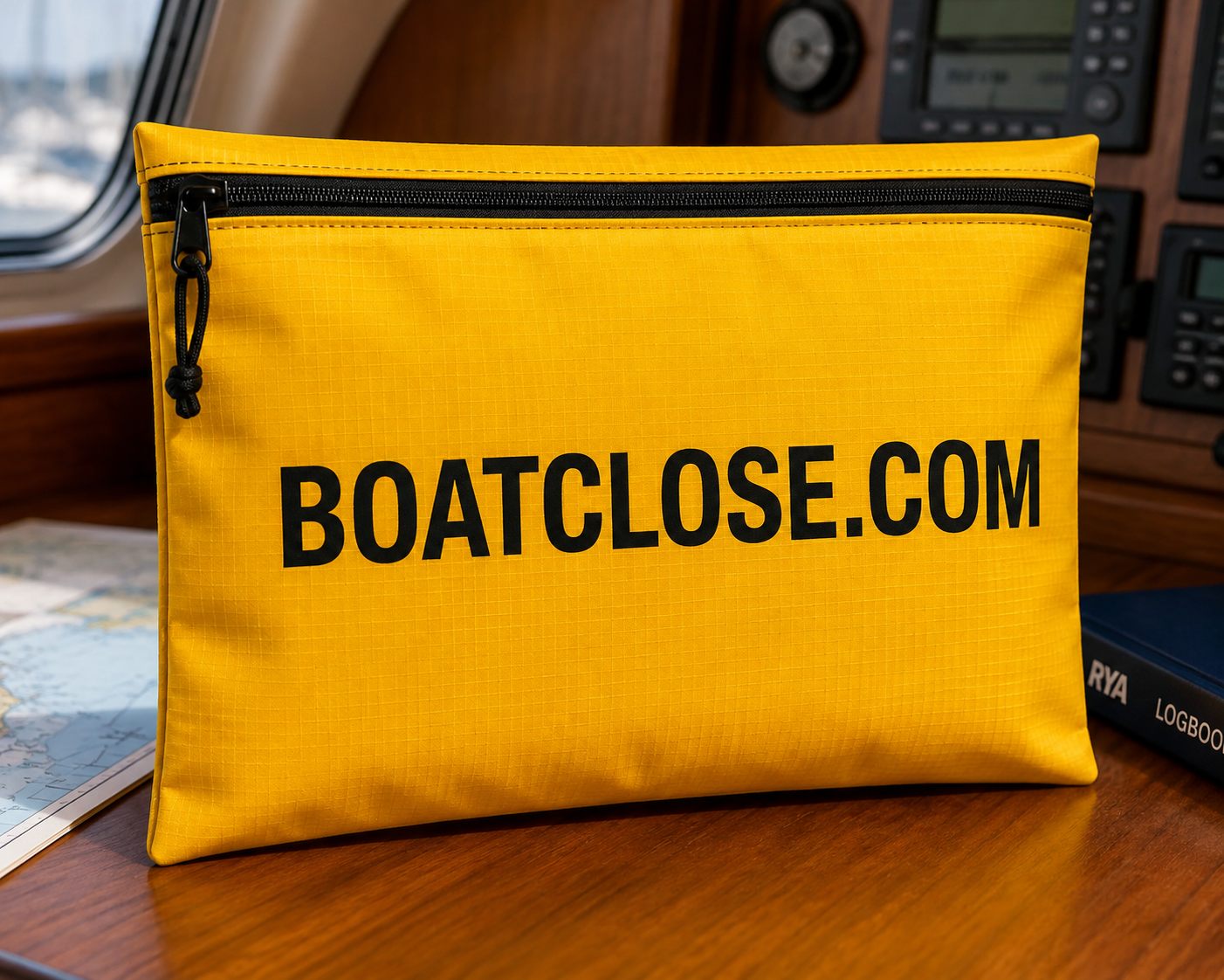 Yellow waterproof BoatClose.com document pouch on a boat's chart table